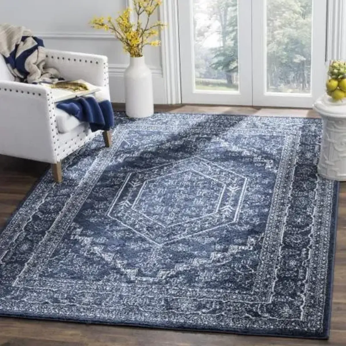 Adirondack Contemporary Navy / Ivory 2'-6" X 10' Powerloomed Rug