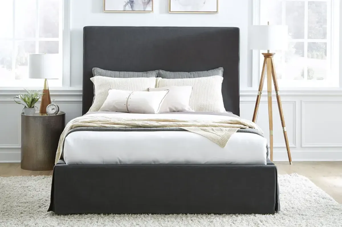 Cheviot California King-Size Upholsterd Skirted Panel Bed in Iron