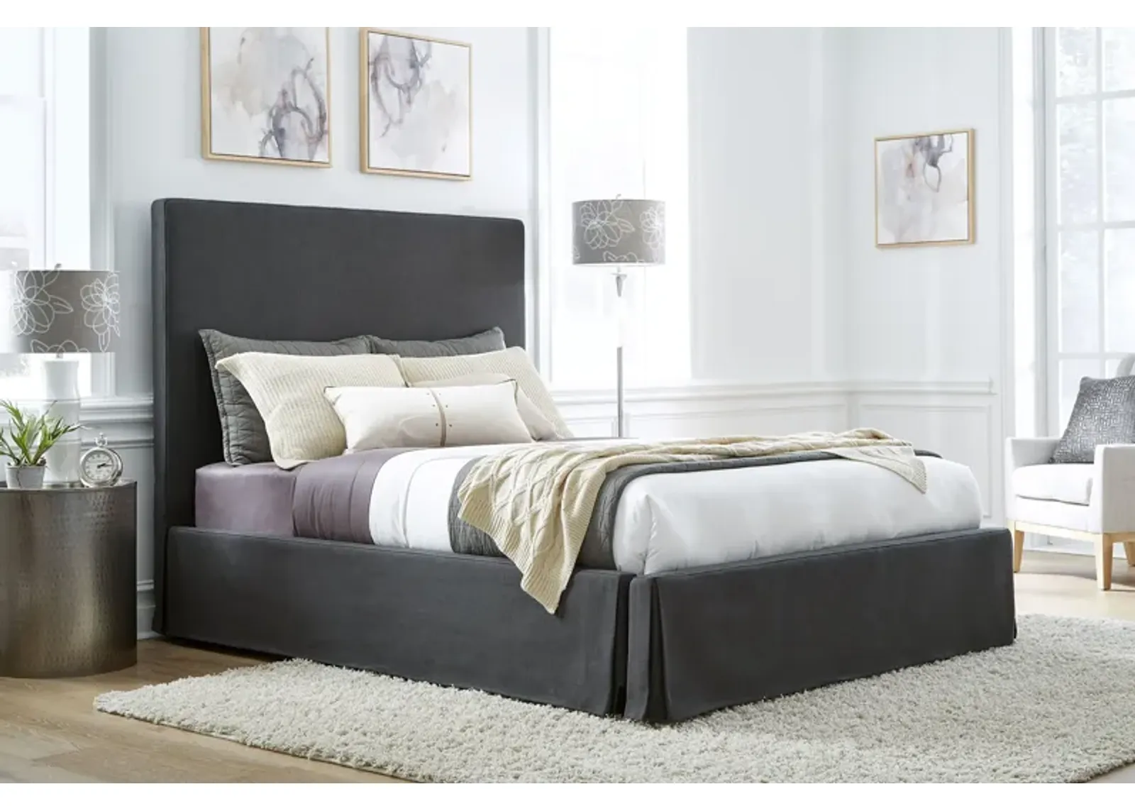 Cheviot California King-Size Upholsterd Skirted Panel Bed in Iron