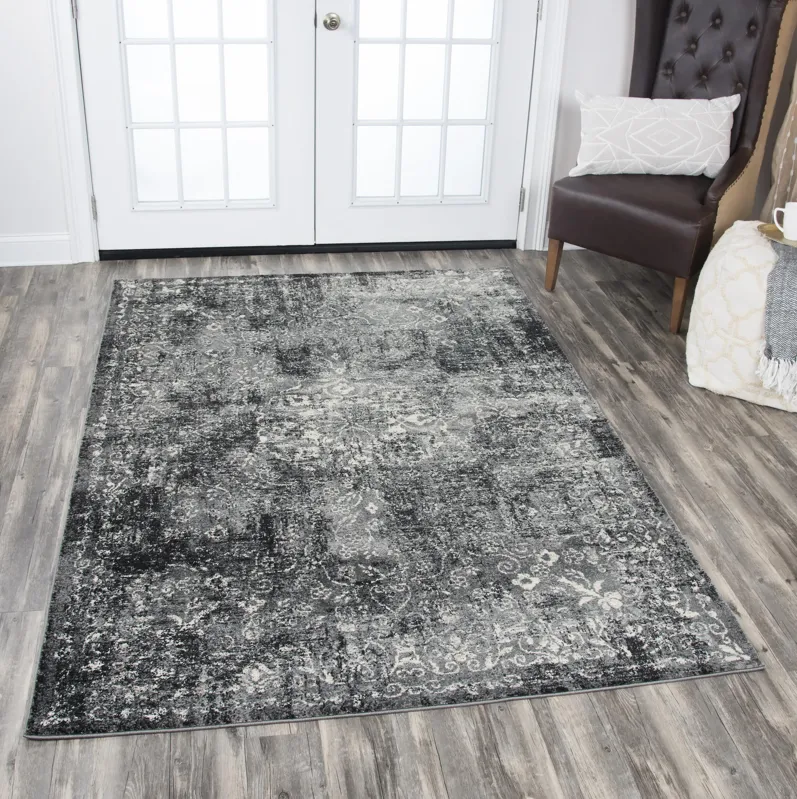 Panache Gray/Black Central Medallion Floral Polypropylene 5'3" x 7'6" Rectangle Rug