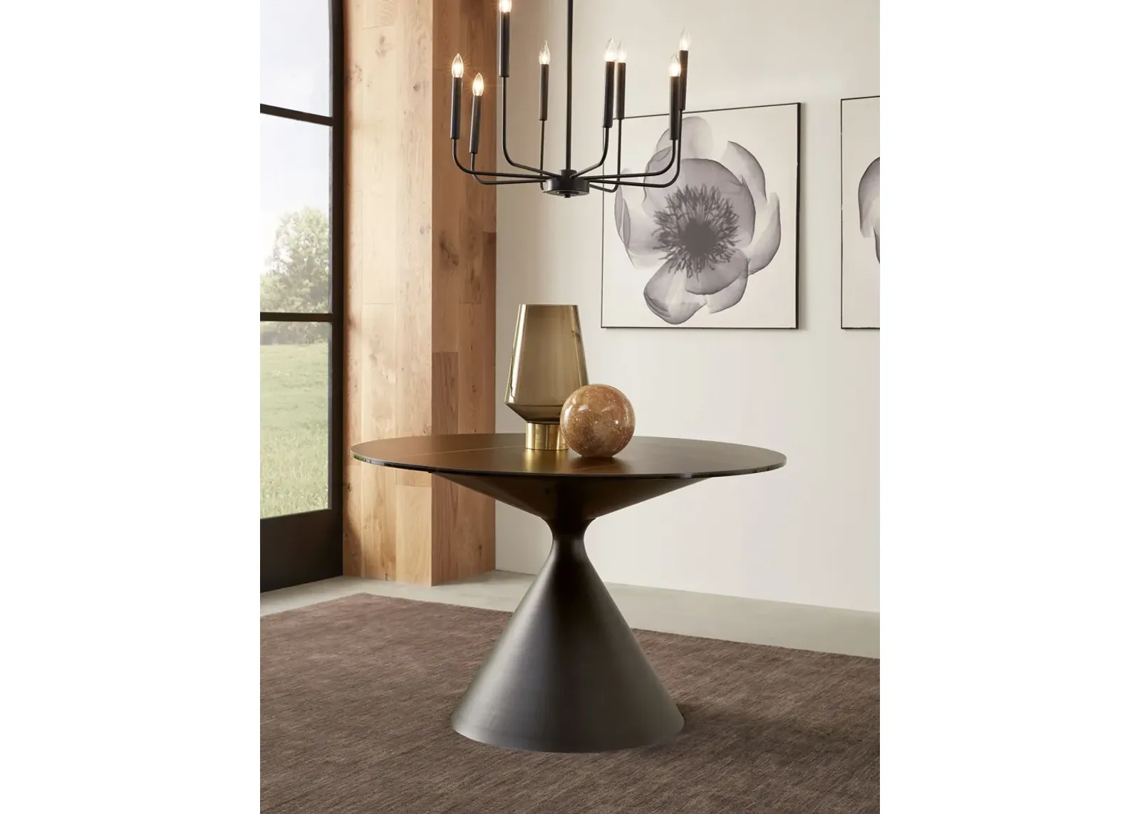 Winston Stone Top Metal Base Round Dining Table in Black