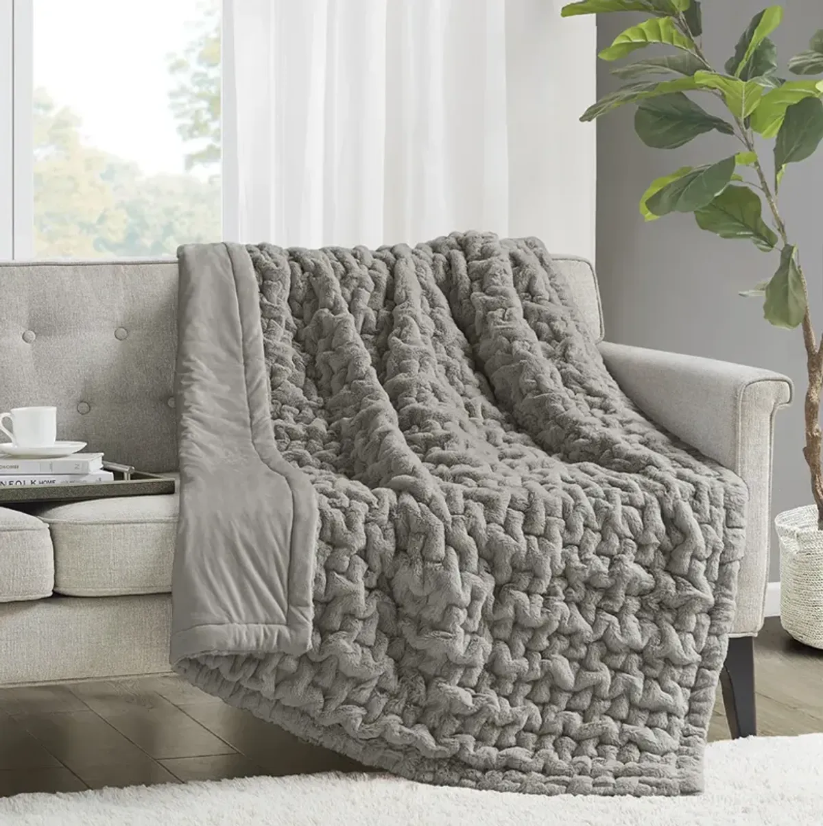 Madison Park Ruched Fur Grey Throw