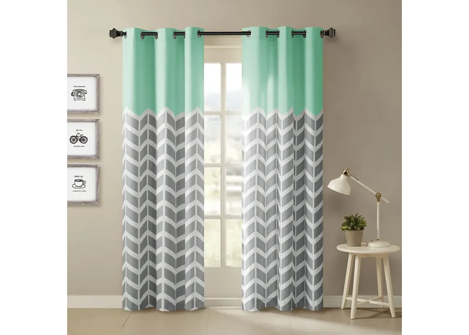 Intelligent Design Alex Aqua Chevron Printed Room Darkening Grommet Top Panel Pair