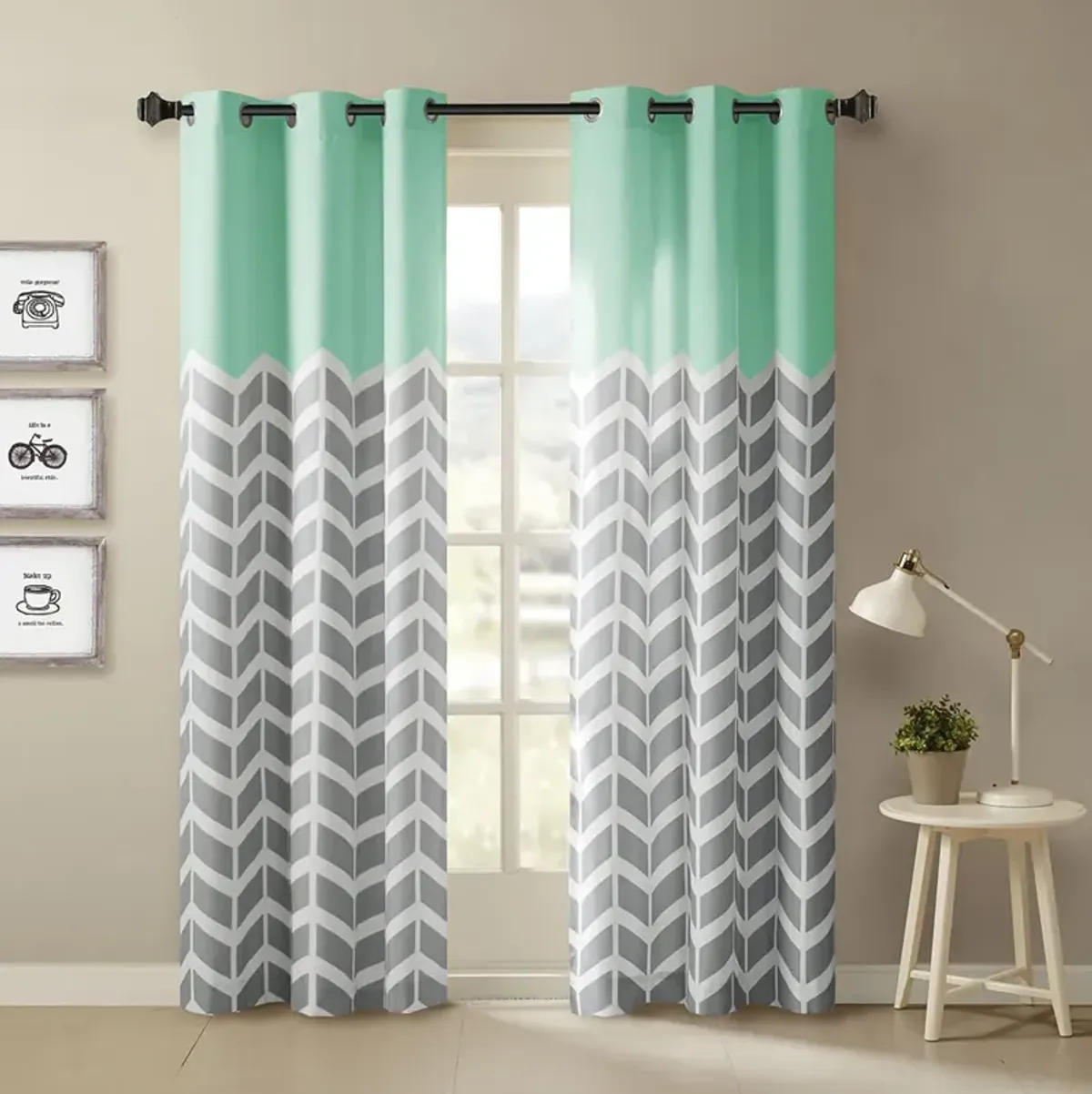 Intelligent Design Alex Aqua Chevron Printed Room Darkening Grommet Top Panel Pair