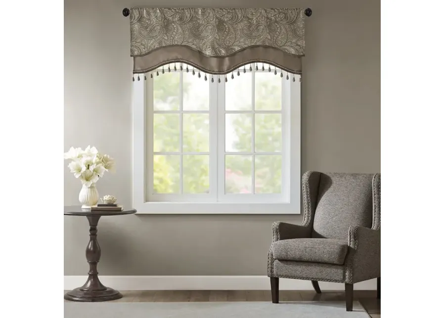 Madison Park Aubrey Blue/Brown Jacquard Window Rod Pocket Valance With Beads