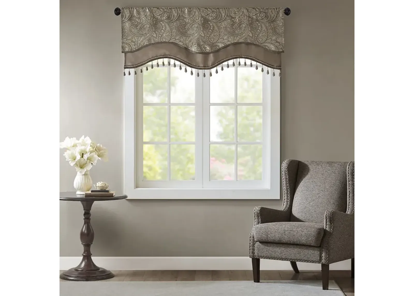 Madison Park Aubrey Blue/Brown Jacquard Window Rod Pocket Valance With Beads