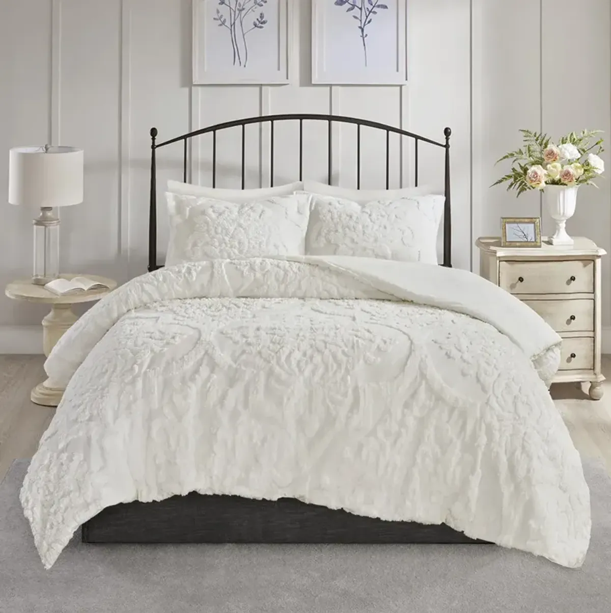 Madison Park Viola Off-White 3 Piece Tufted Cotton Chenille Damask Comforter Set