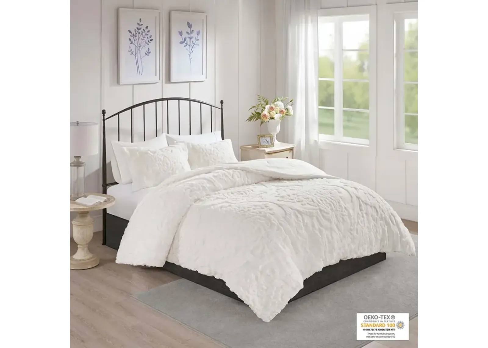 Madison Park Viola Off-White 3 Piece Tufted Cotton Chenille Damask Comforter Set