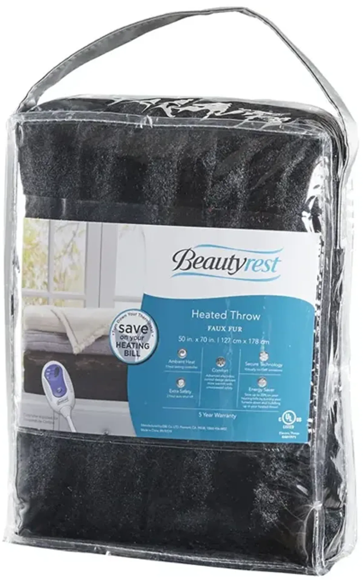 Beautyrest Heated Duke Black Faux Fur Heated Throw