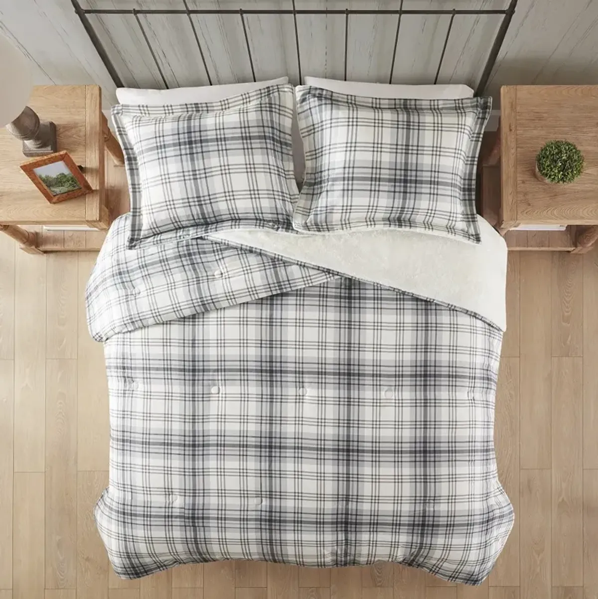 Woolrich Bernston Gray Plaid Faux Wool to Faux Fur Down Alternative Comforter Set