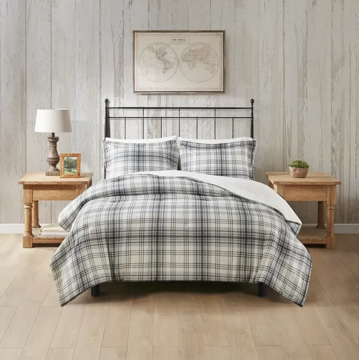 Woolrich Bernston Gray Plaid Faux Wool to Faux Fur Down Alternative Comforter Set