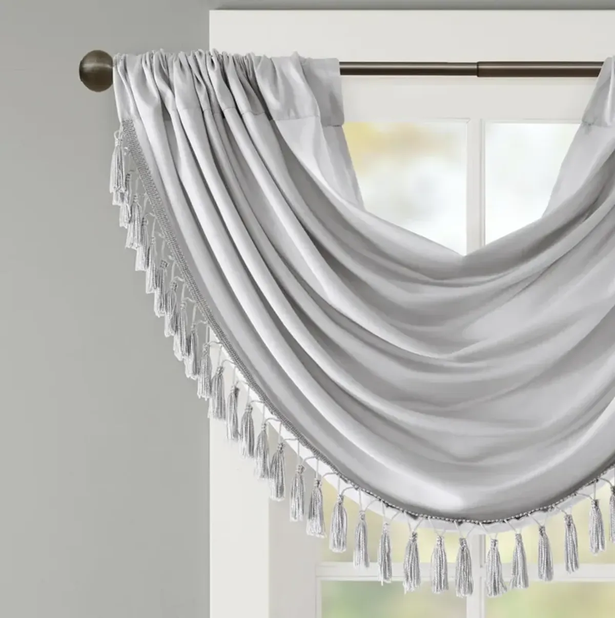 Madison Park Elena Silver Faux Silk Waterfall Embellished Valance