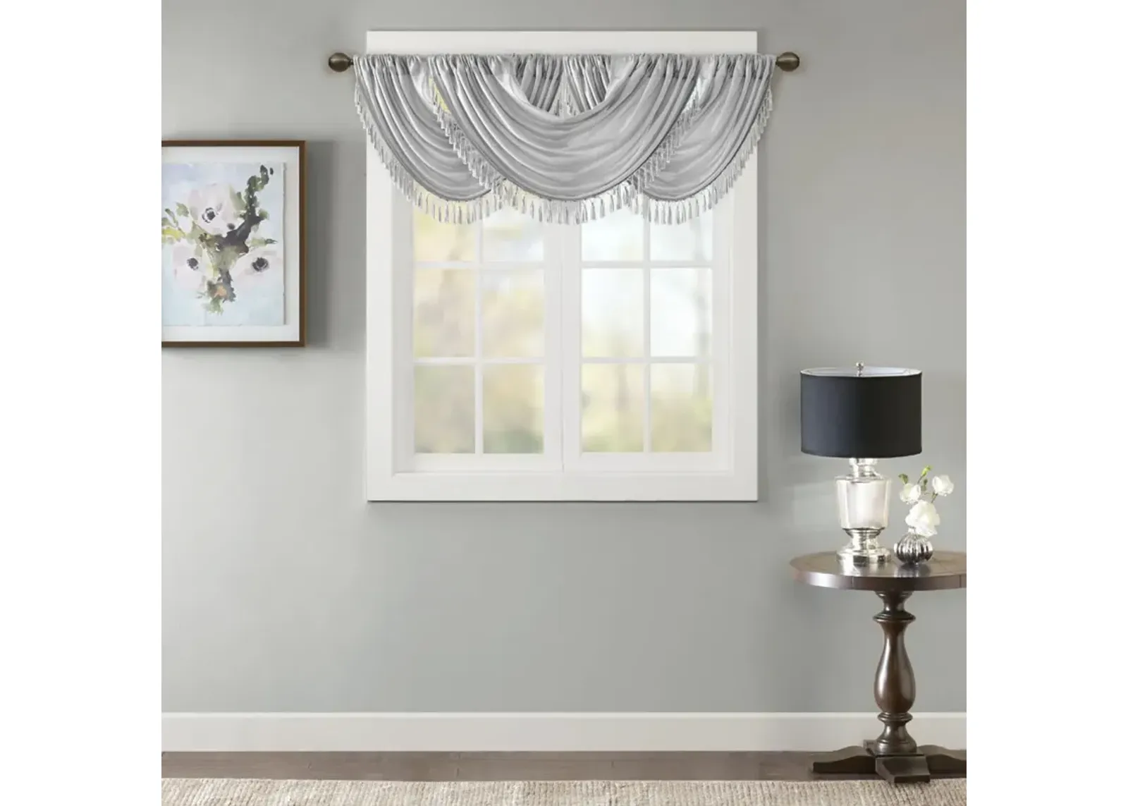 Madison Park Elena Silver Faux Silk Waterfall Embellished Valance