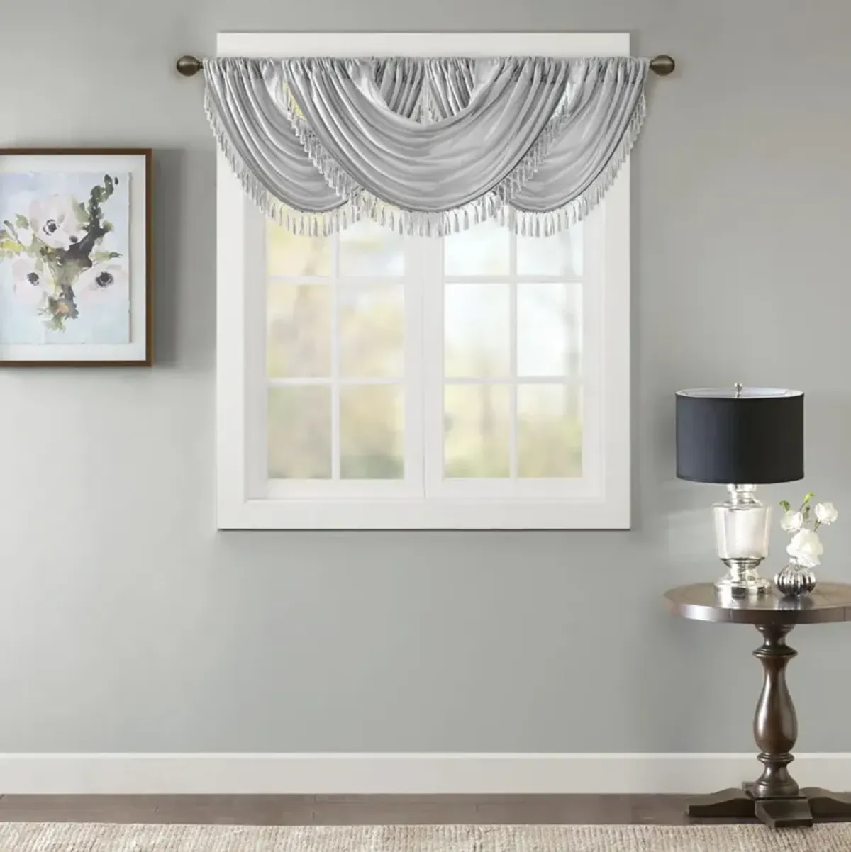 Madison Park Elena Silver Faux Silk Waterfall Embellished Valance