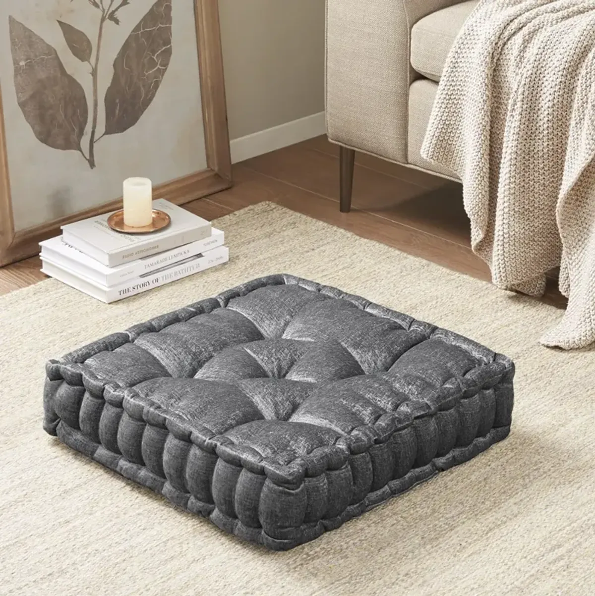 Intelligent Design Azza Charcoal Poly Chenille Square Floor Pillow Cushion