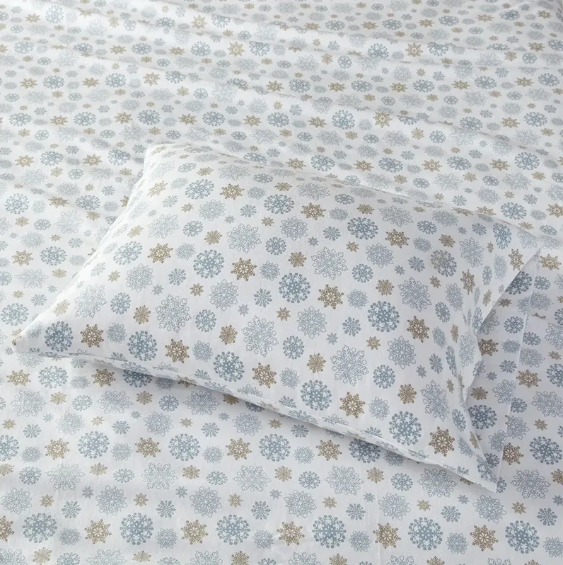 True North by Sleep Philosophy Cozy Flannel Tan/Blue Snowflakes Printed Sheet Set