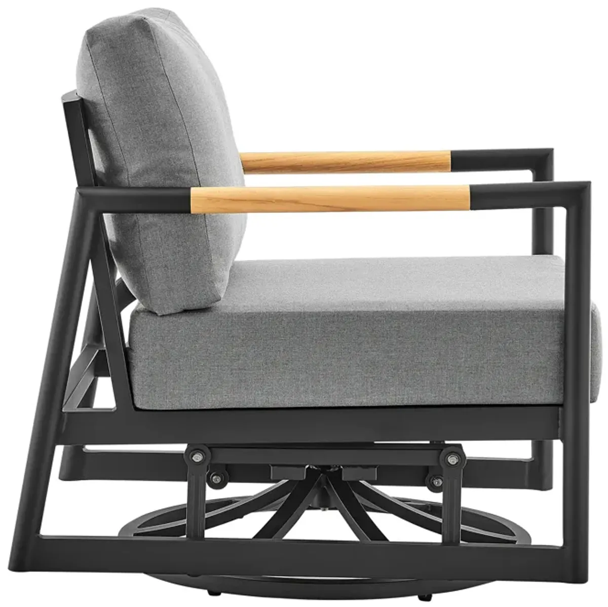 Royal Outdoor Patio Swivel Glider Lounge Chair in Black Aluminum and Teak Wood with Cushions