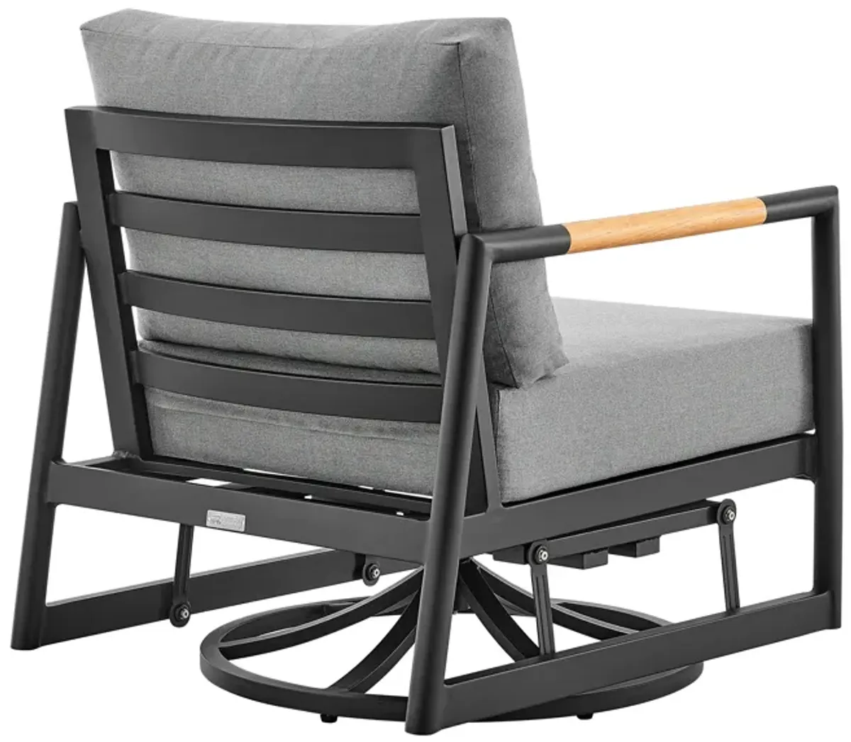 Royal Outdoor Patio Swivel Glider Lounge Chair in Black Aluminum and Teak Wood with Cushions