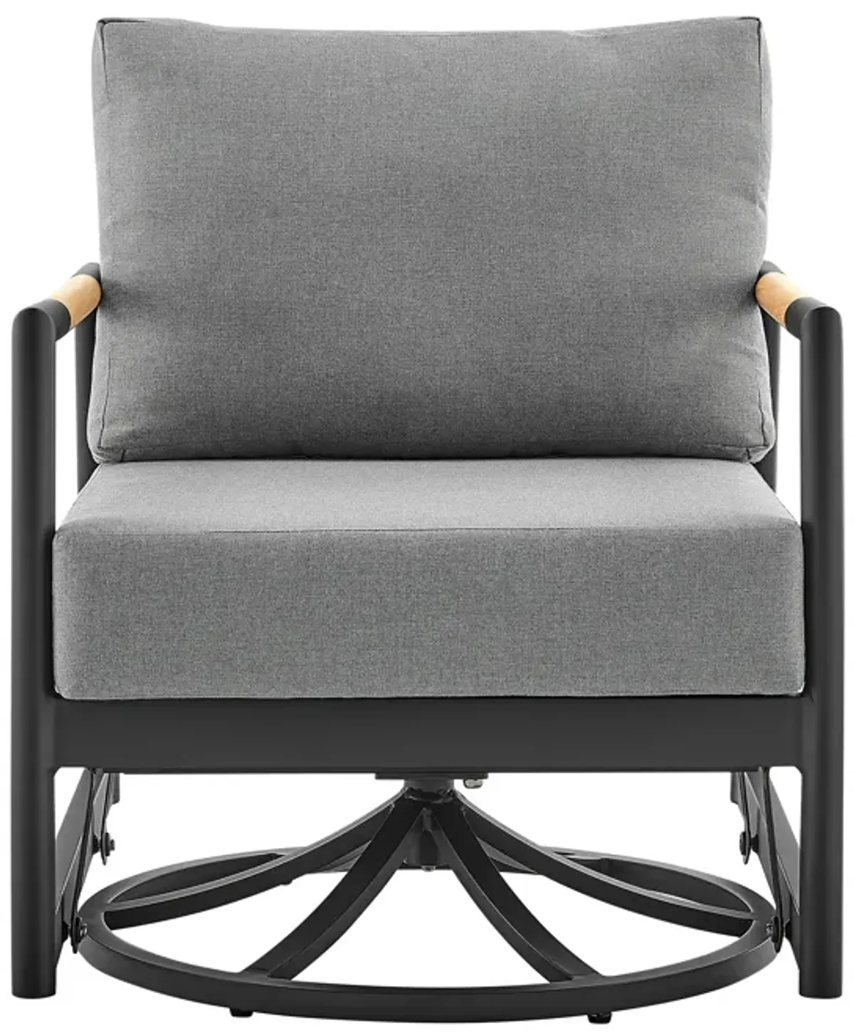 Royal Outdoor Patio Swivel Glider Lounge Chair in Black Aluminum and Teak Wood with Cushions