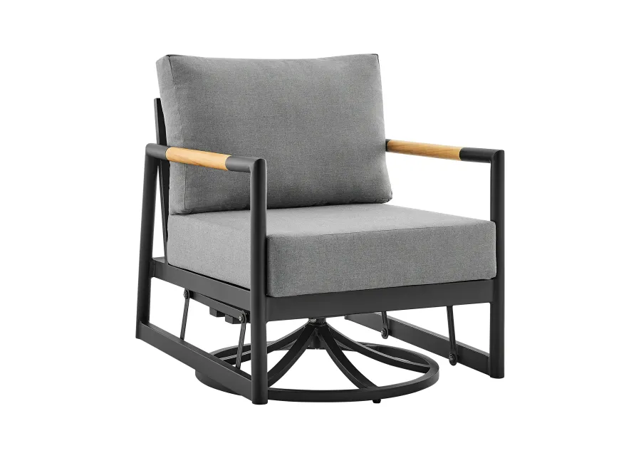 Royal Outdoor Patio Swivel Glider Lounge Chair in Black Aluminum and Teak Wood with Cushions