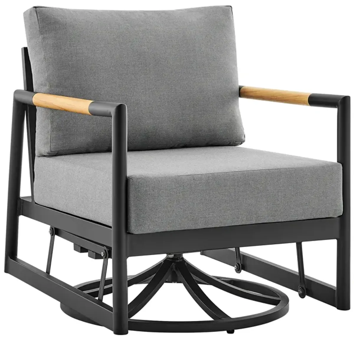 Royal Outdoor Patio Swivel Glider Lounge Chair in Black Aluminum and Teak Wood with Cushions