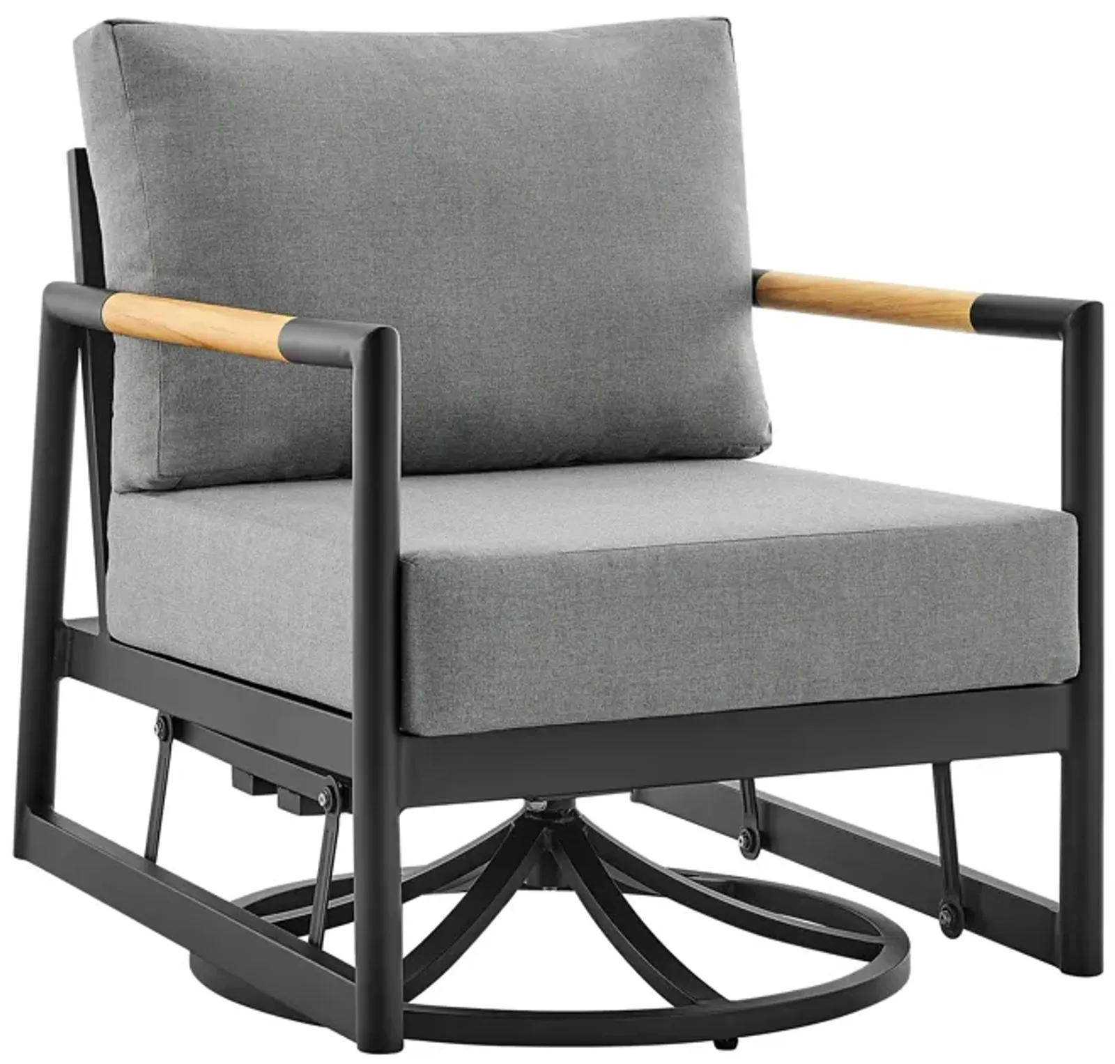 Royal Outdoor Patio Swivel Glider Lounge Chair in Black Aluminum and Teak Wood with Cushions