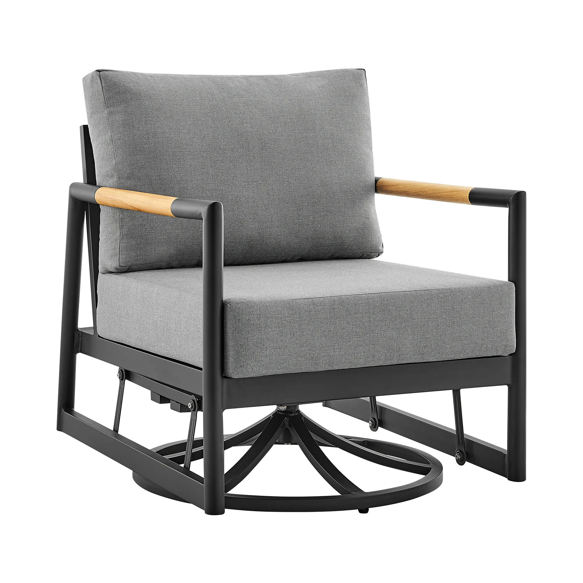 Royal Outdoor Patio Swivel Glider Lounge Chair in Black Aluminum and Teak Wood with Cushions