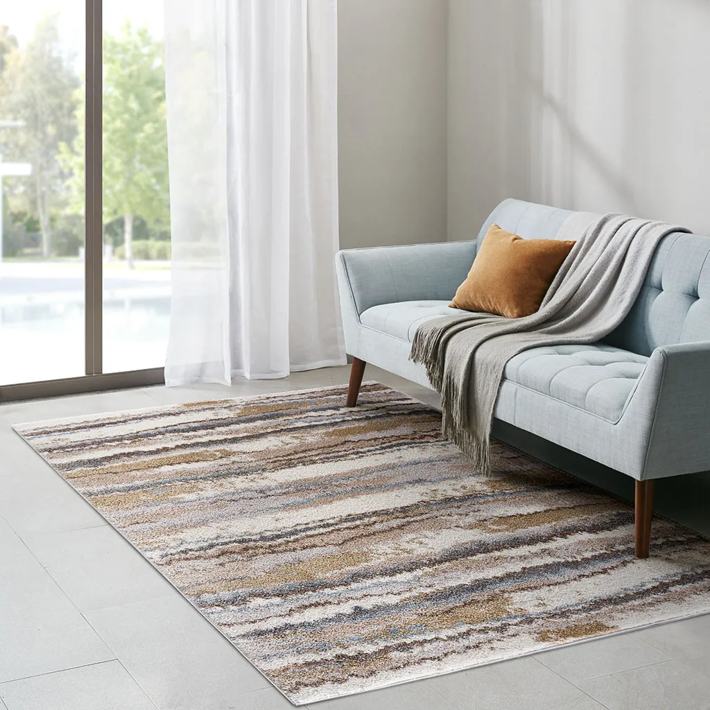 Madison Park Riley Blue/Tan Watercolor Abstract Stripe Woven Area Rug