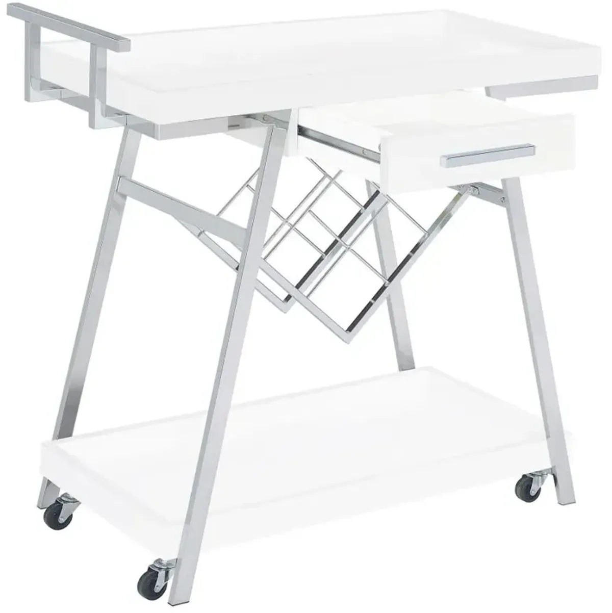 Kinney 2-tier Bar Cart with Storage Drawer White High Gloss and Chrome