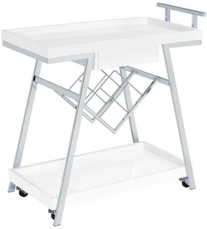 Kinney 2-tier Bar Cart with Storage Drawer White High Gloss and Chrome