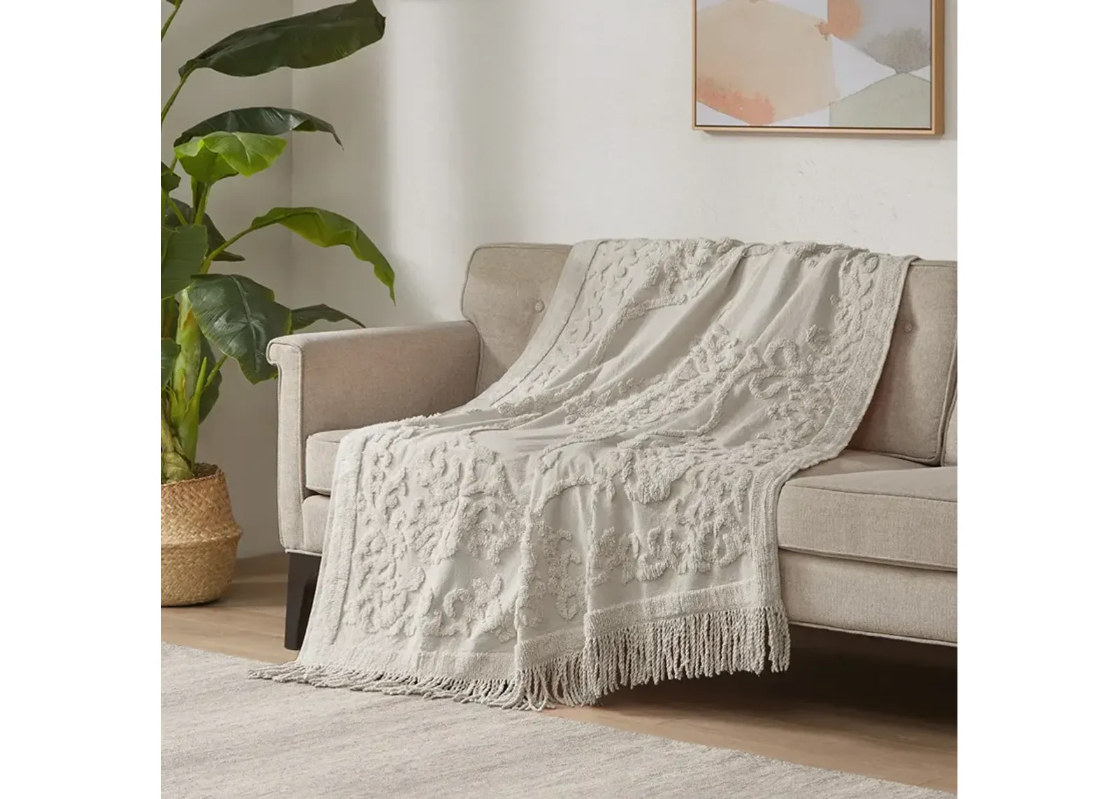 Madison Park Chloe Grey 100% Cotton Tufted Chenille Lightweight Throw With Fringe Tassel 50" x 60"