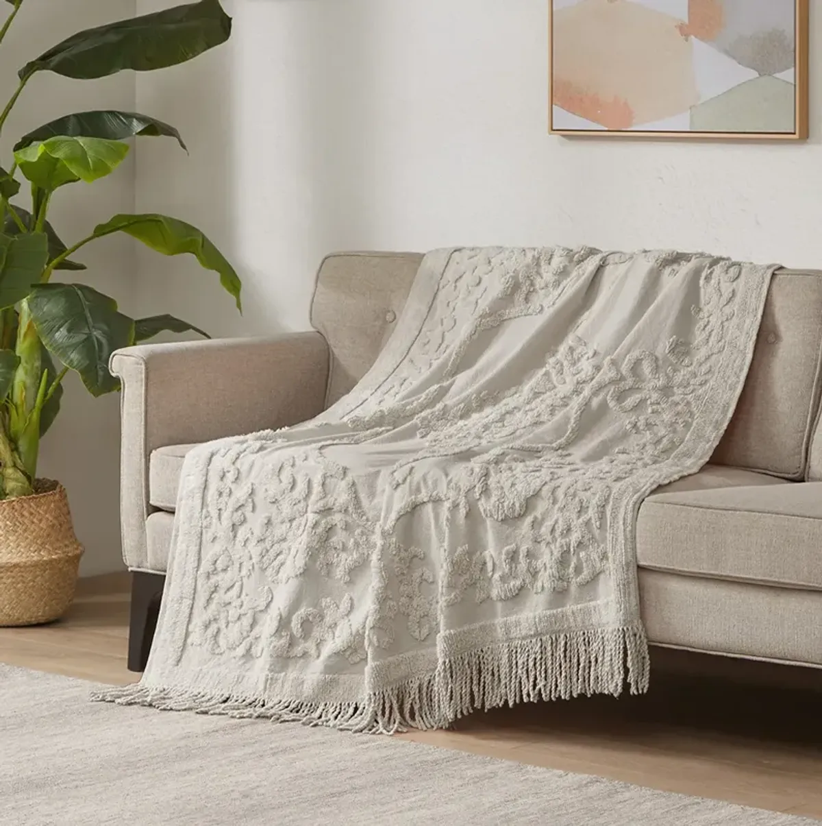 Madison Park Chloe Grey 100% Cotton Tufted Chenille Lightweight Throw With Fringe Tassel 50" x 60"