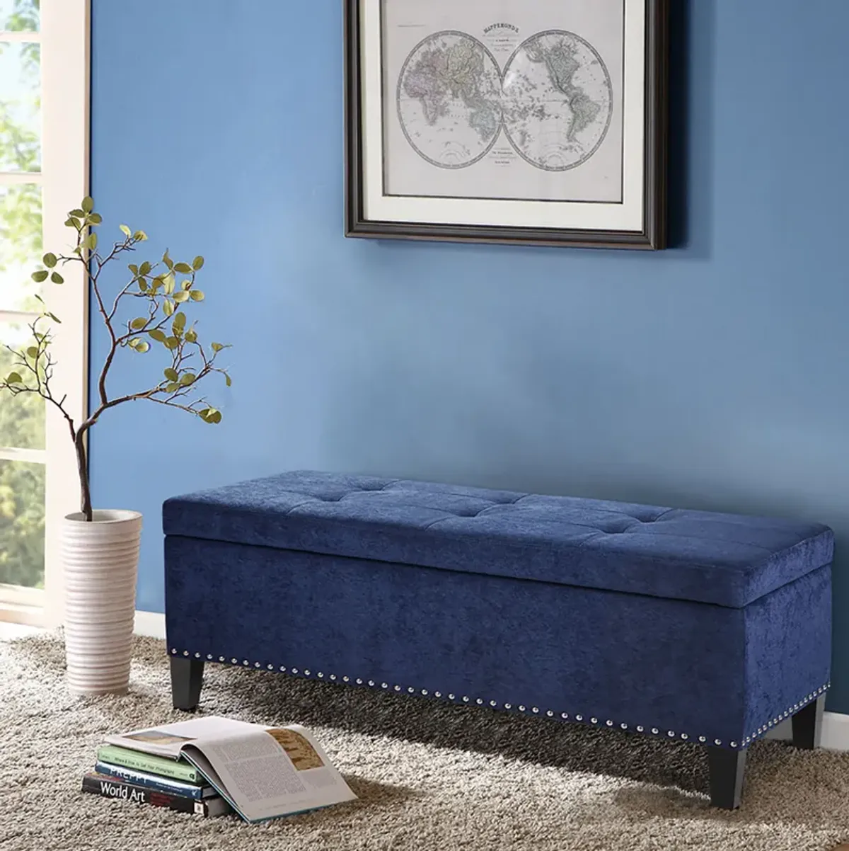 Madison Park Shandra II Blue Tufted Top Soft Close Storage Bench