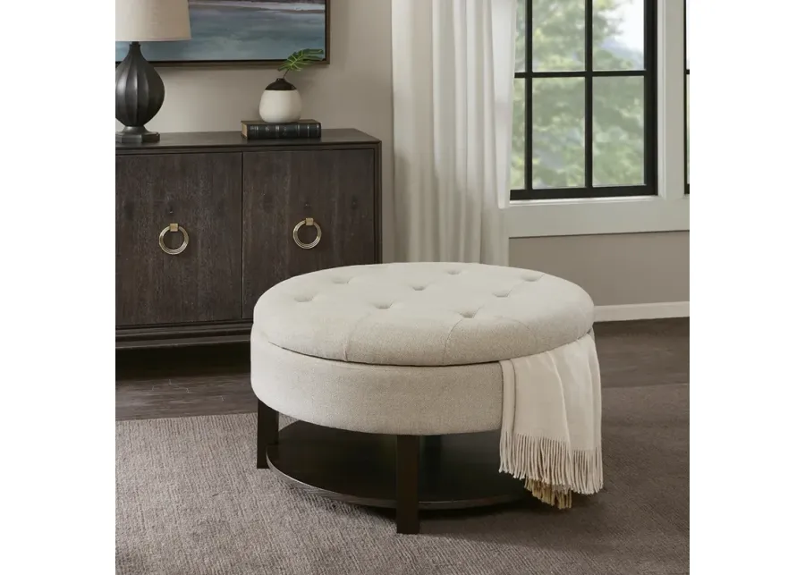 Madison Park Miller Cream/Brown Round Storage Ottoman