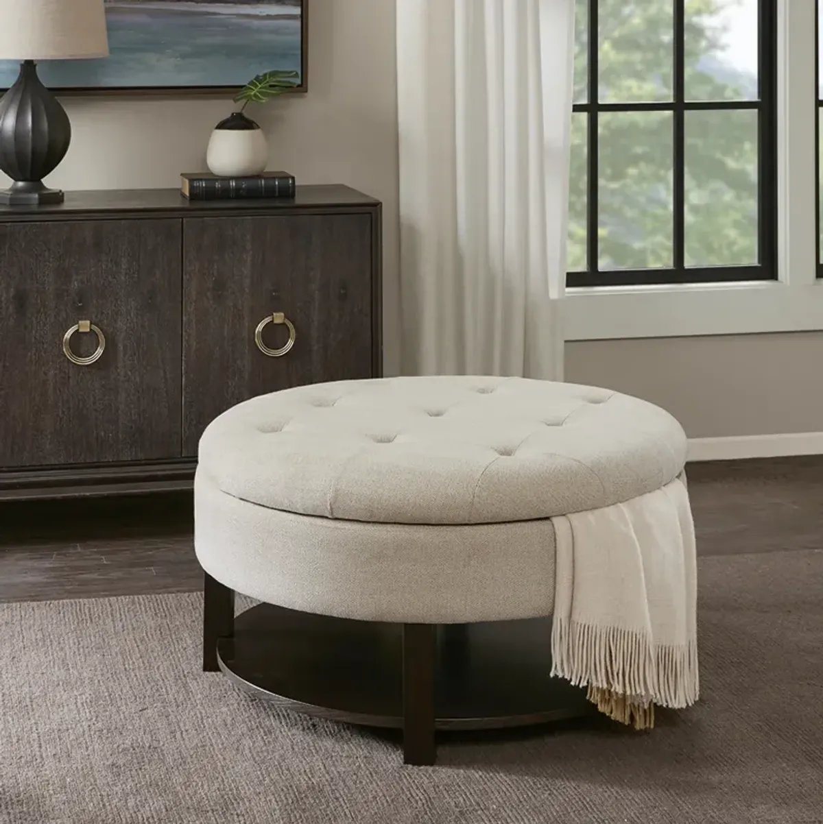 Madison Park Miller Cream/Brown Round Storage Ottoman