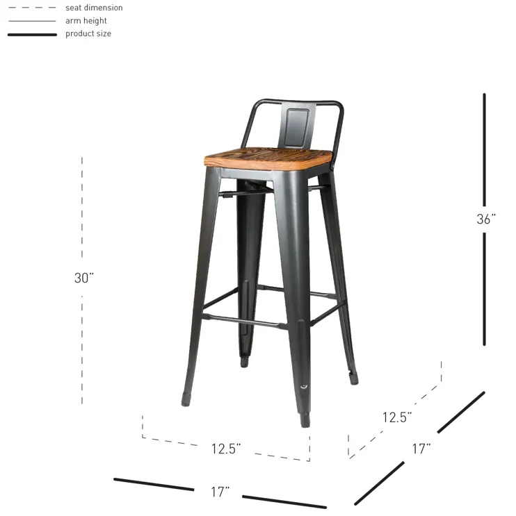 Metropolis Low Back Bar Stool  Wood Seat, Gunmetal (Set of 4)