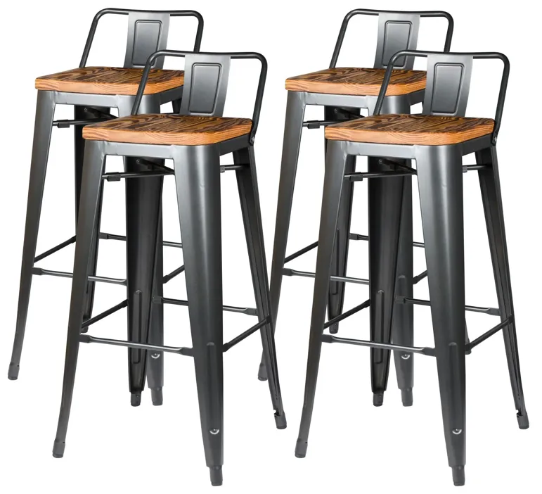 Metropolis Low Back Bar Stool  Wood Seat, Gunmetal (Set of 4)