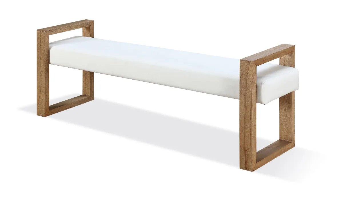 One Modern Coastal Sled Leg Upholstered Dining Bench in White Pearl and Bisque