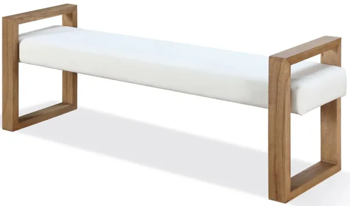 One Modern Coastal Sled Leg Upholstered Dining Bench in White Pearl and Bisque