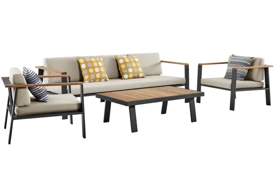 Nofi 4 piece Outdoor Patio Set in Charcoal Finish with Taupe Cushions and Teak Wood