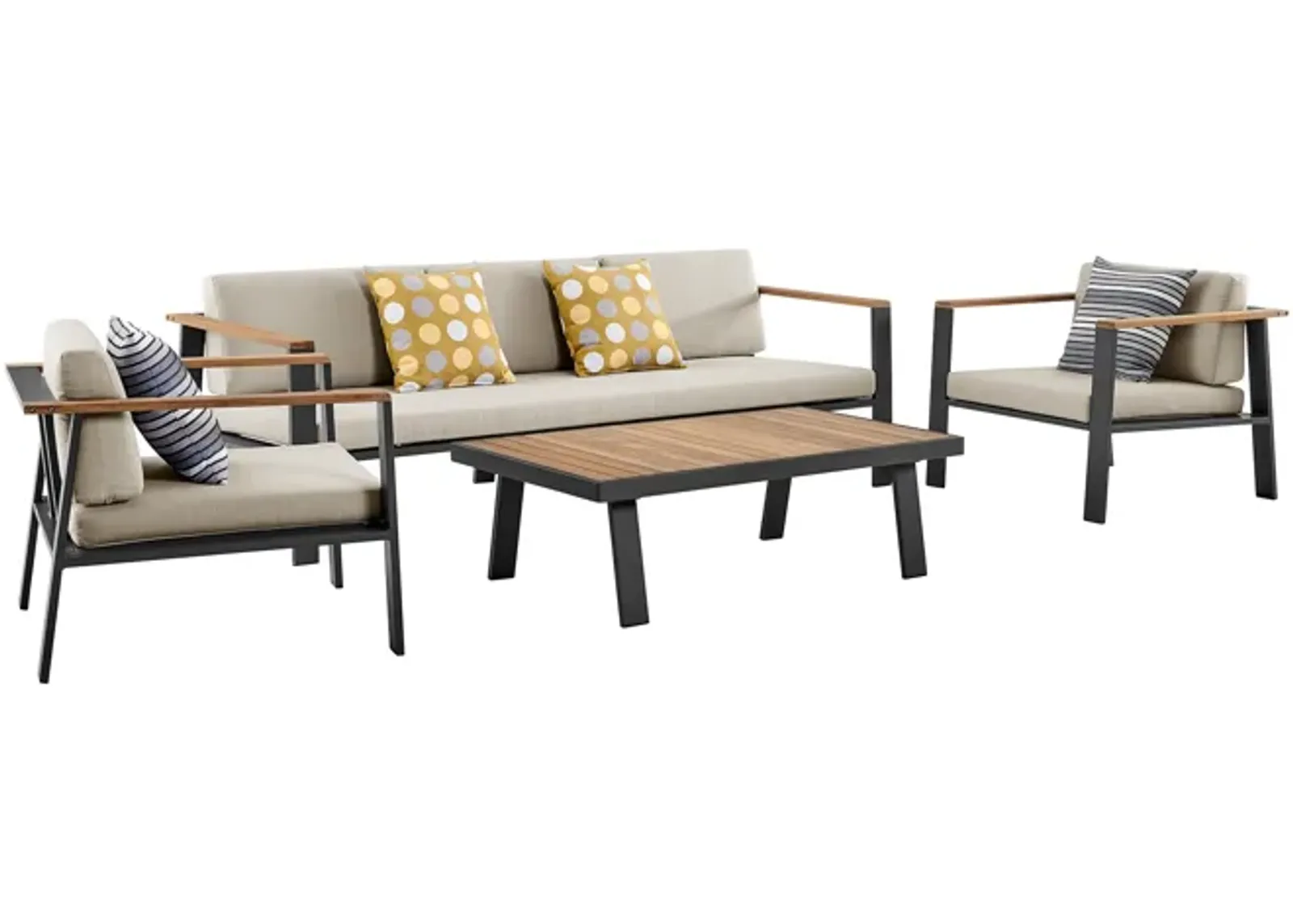 Nofi 4 piece Outdoor Patio Set in Charcoal Finish with Taupe Cushions and Teak Wood