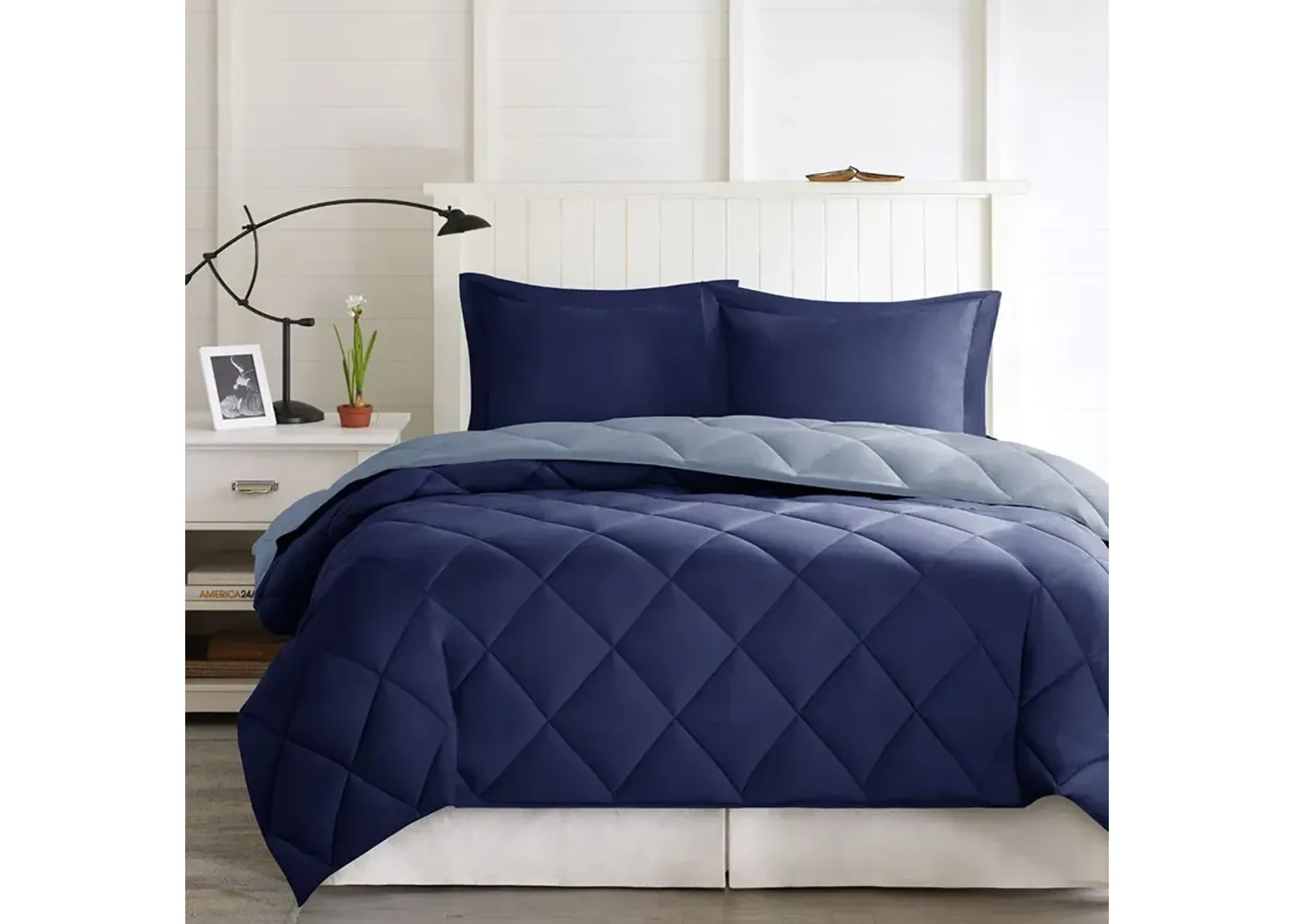 Madison Park Essentials Larkspur Navy/Light Blue 3M Scotchgard Diamond Quilting Reversible Down Alternative Comforter Set