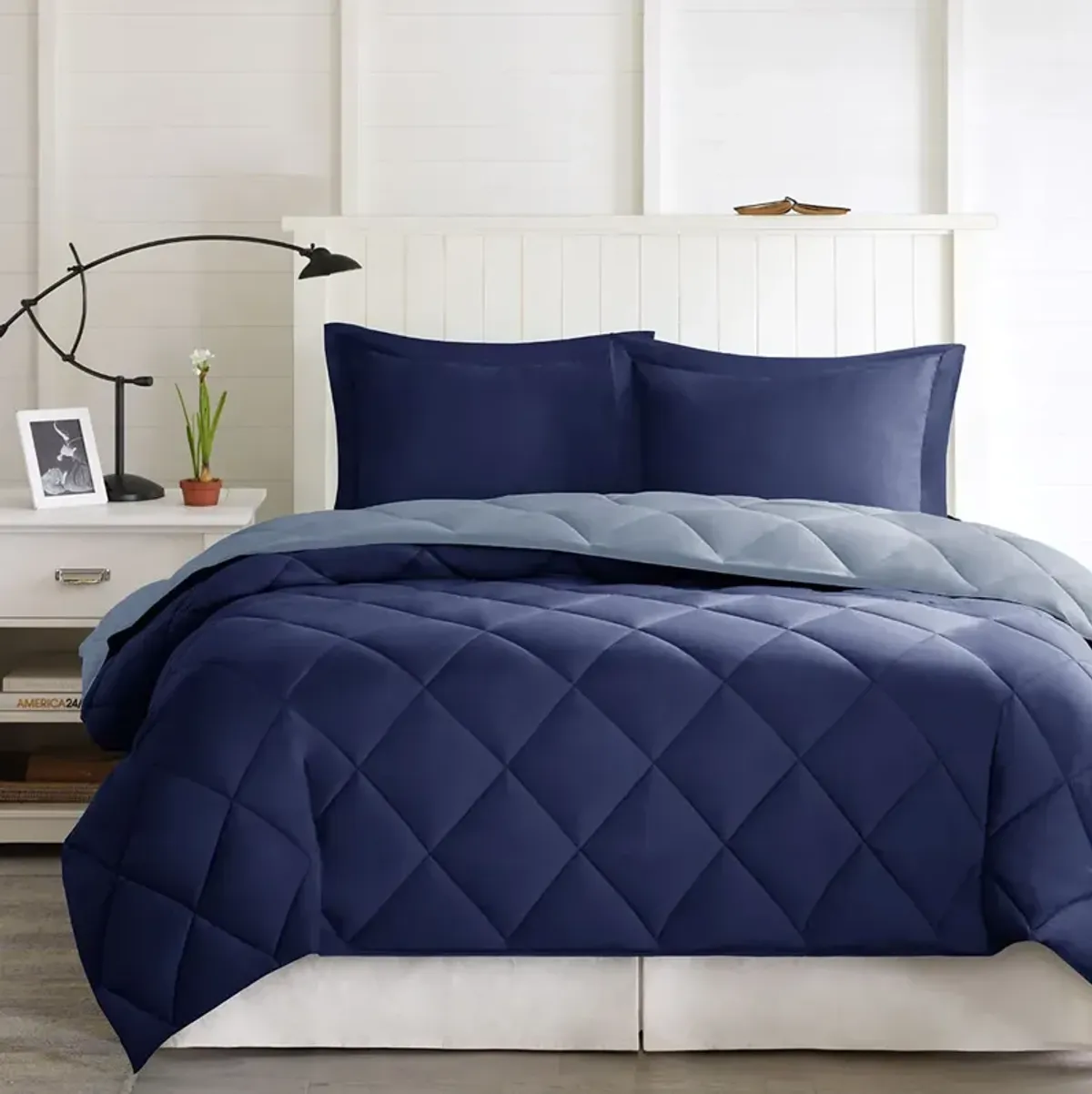 Madison Park Essentials Larkspur Navy/Light Blue 3M Scotchgard Diamond Quilting Reversible Down Alternative Comforter Set