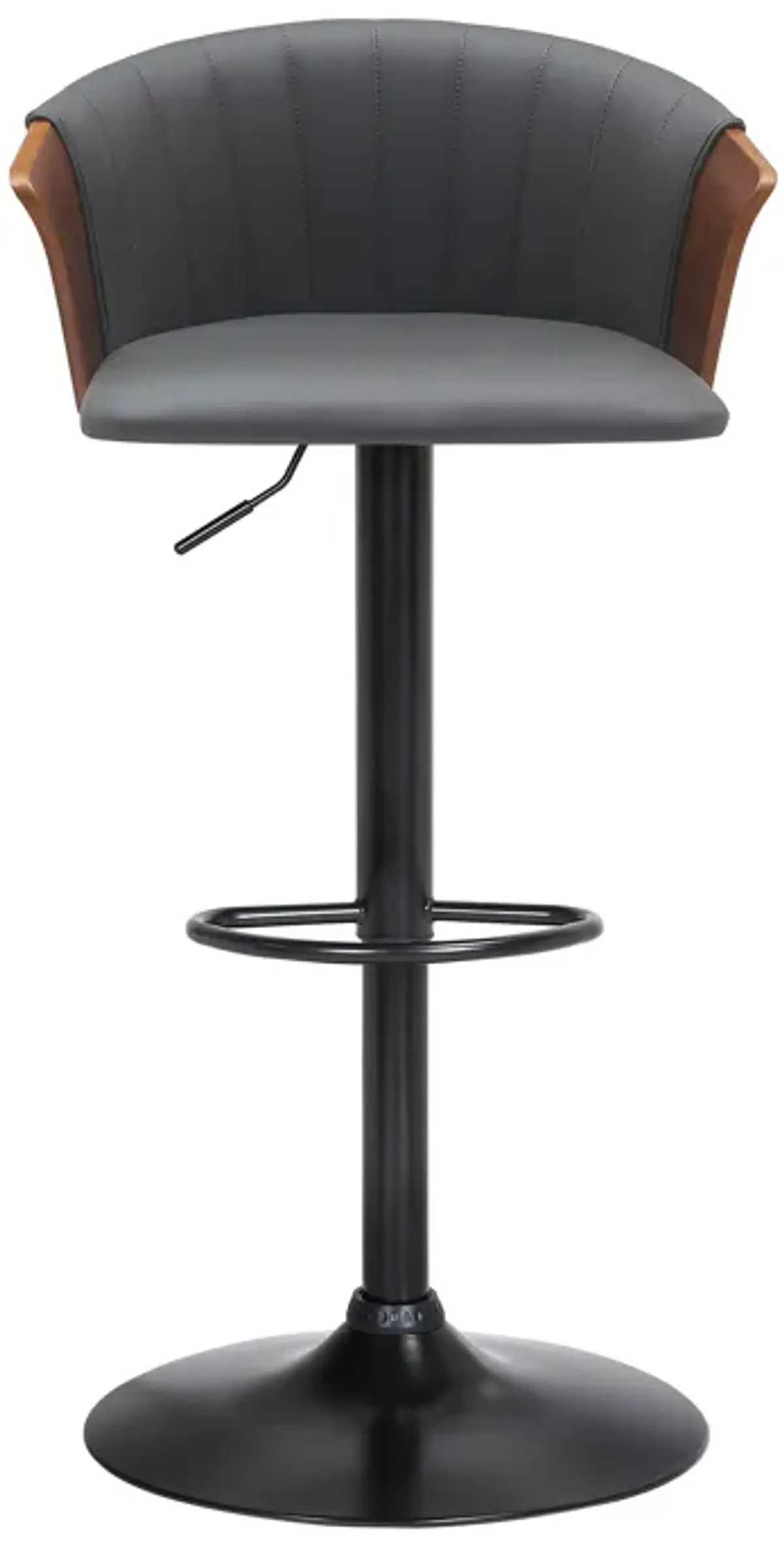 Lydia Adjustable Walnut Wood Bar Stool in Gray Faux Leather with Black Metal