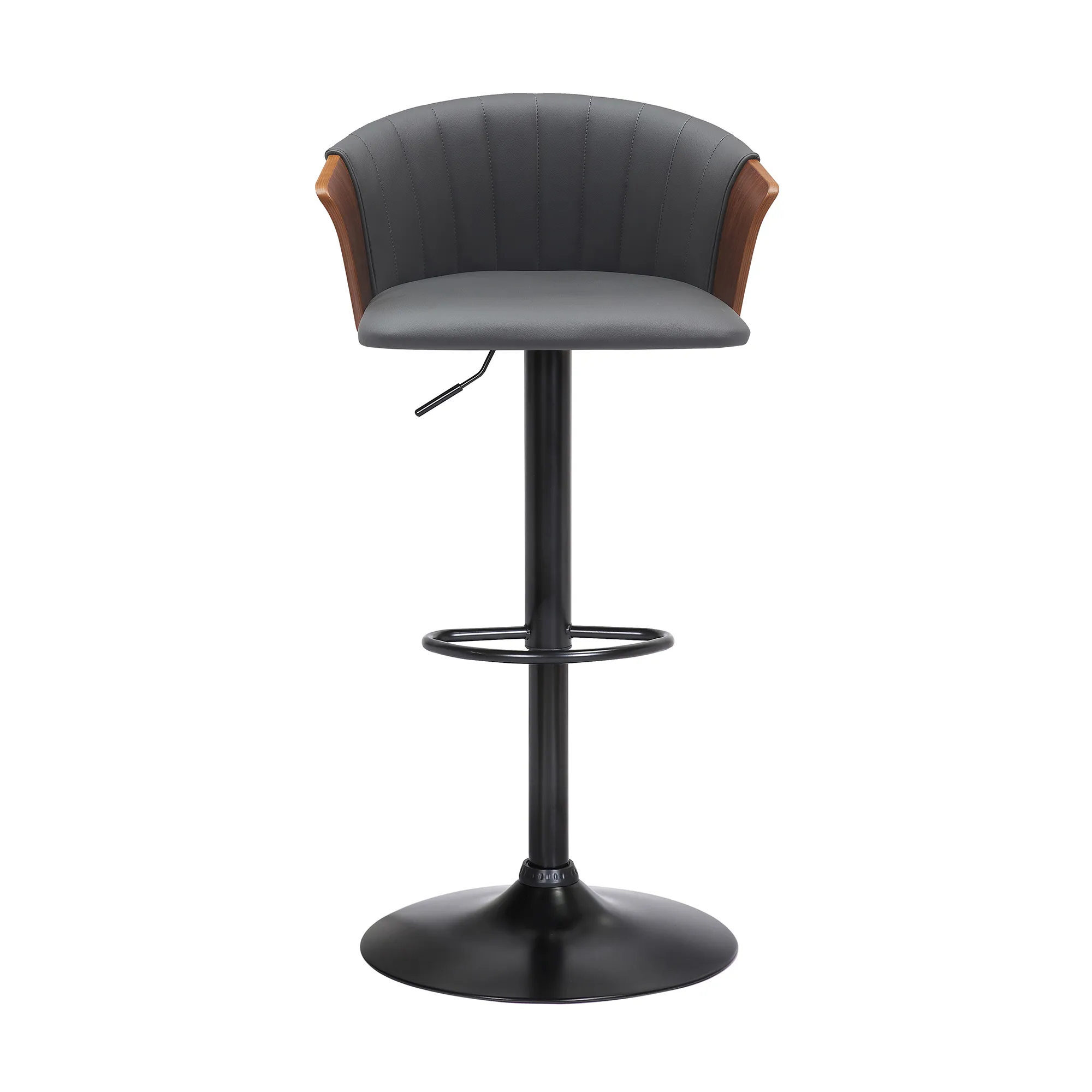 Lydia Adjustable Walnut Wood Bar Stool in Gray Faux Leather with Black Metal