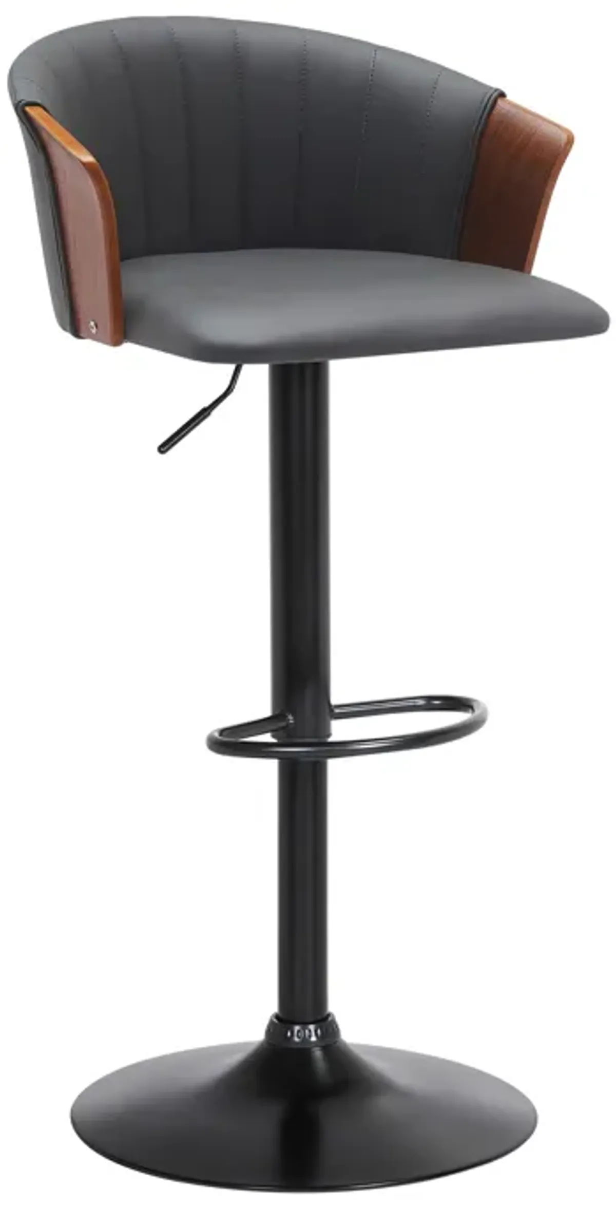 Lydia Adjustable Walnut Wood Bar Stool in Gray Faux Leather with Black Metal