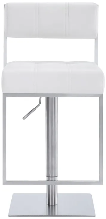 Michele Swivel Adjustable Height White Faux Leather and Brushed Stainless Steel Bar Stool