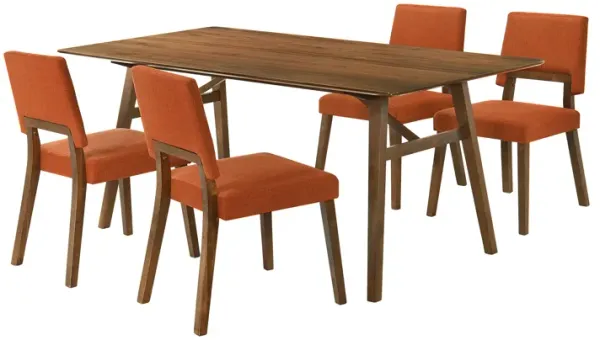 Channell 5 Piece Walnut Wood Dining Table Set with Orange Fabric