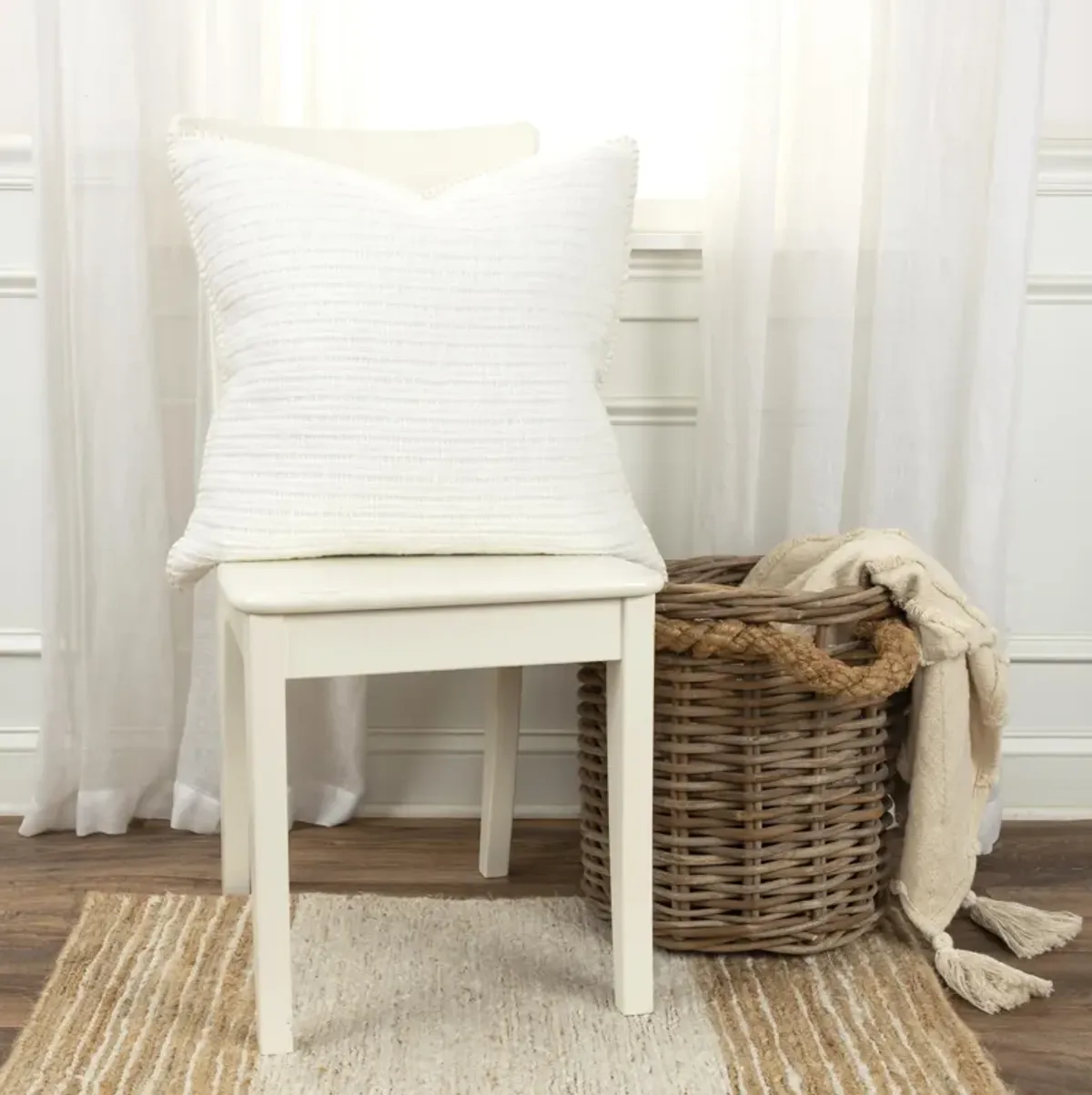 Stripe Patterned Solid White Pillow