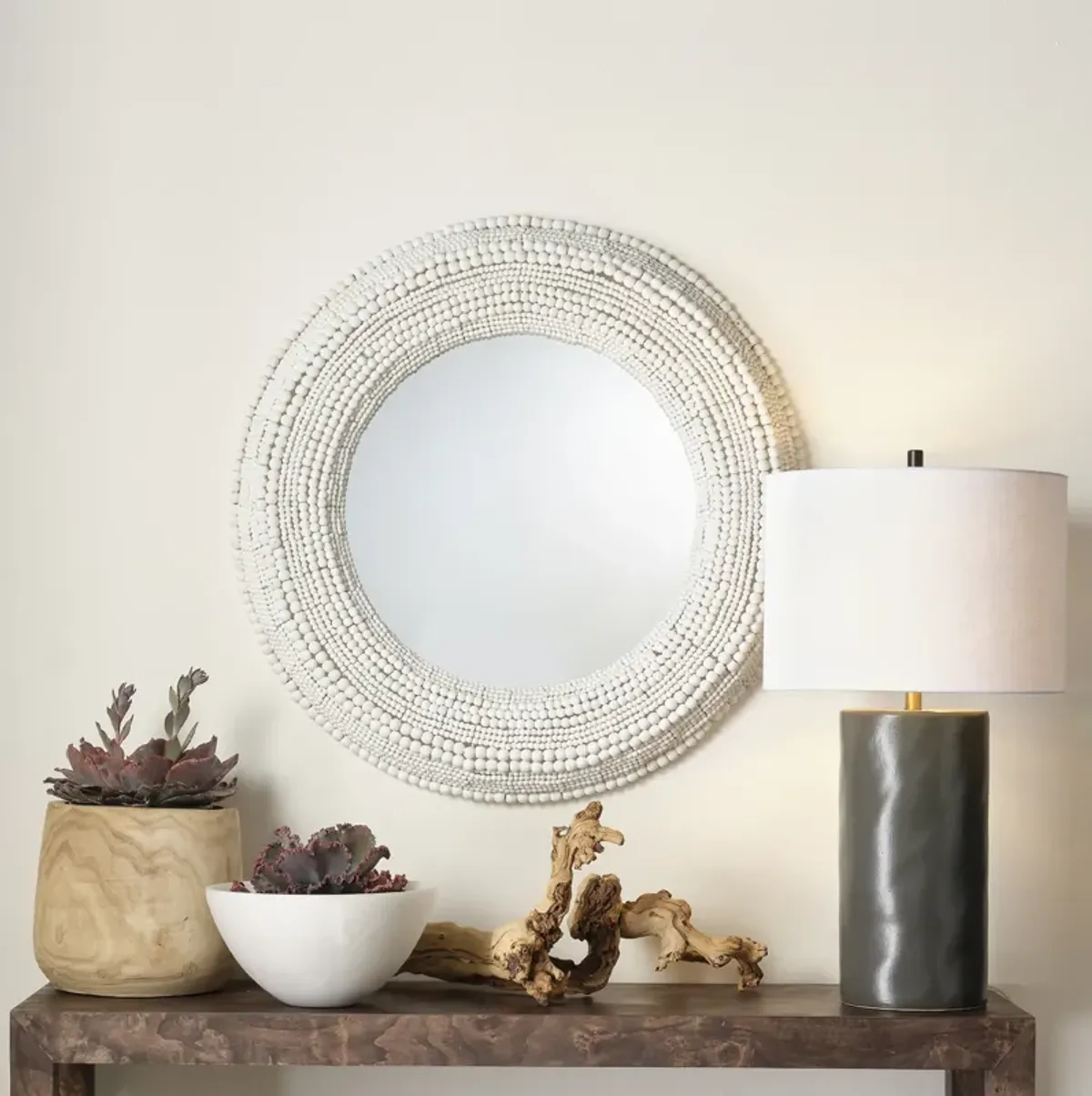 Strand Wood Beaded Round Mirror, White